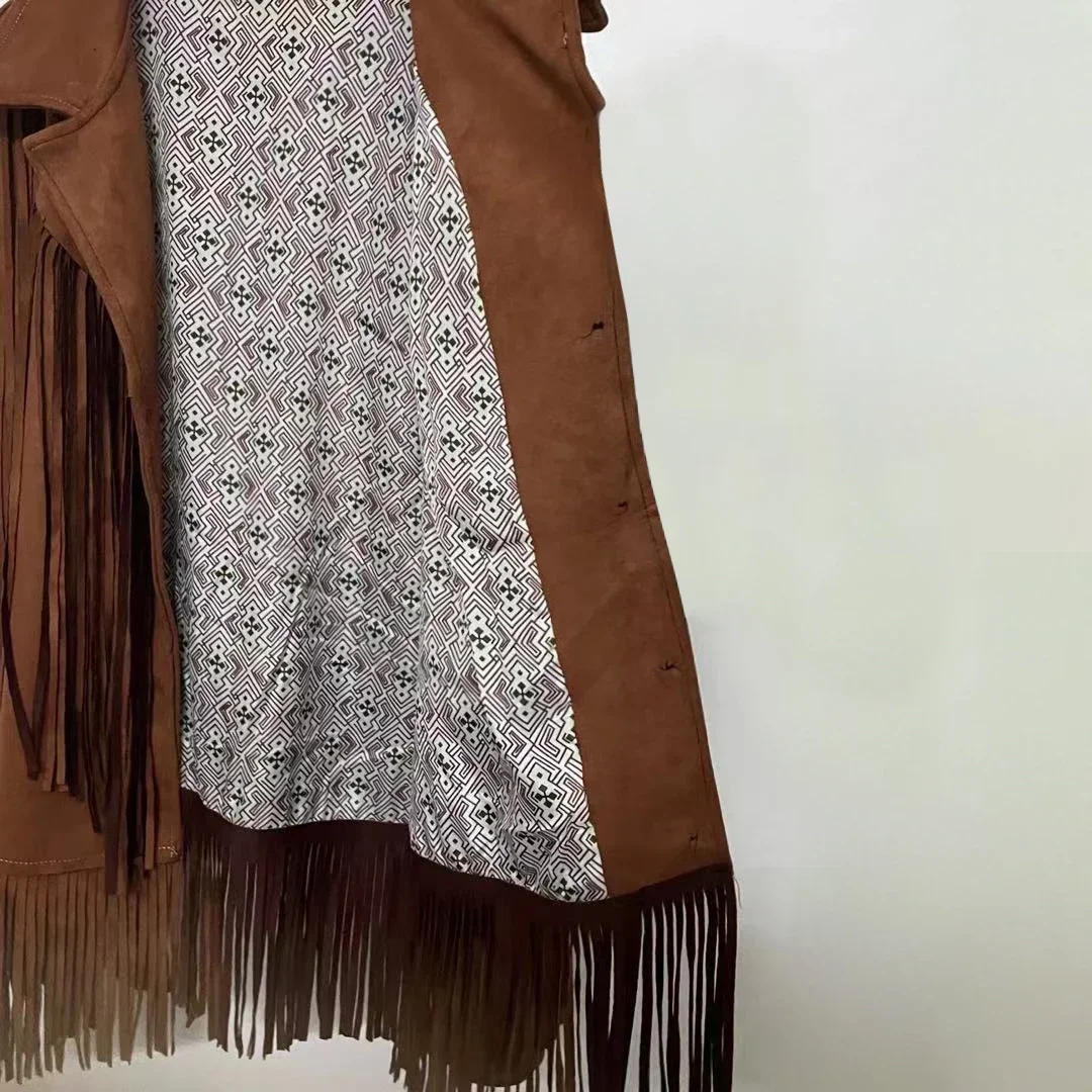 Description Picture 6 of itemLong Sleeve Ethnic Jacket with Suede Fringe Casual Lapel Pocket Leather Jacket Woman Tassel Coat Autumn Street Outwear 2025