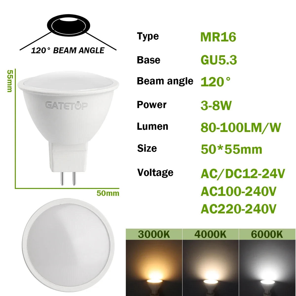 Description Picture 5 of item50PCS Gu5.3 LED Spotlight Mr16 AC220V AC110V DC12V 3000K/4000K/6000K Lighting Bulbs Lamp for Home Living Bedroom Home Derection
