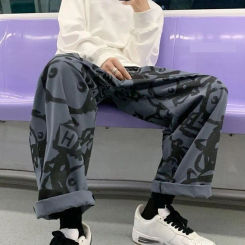 Pantalones de chándal de pierna ancha recta con estampado de dibujos animados para hombre, pantalones de tiro medio, cintura elástica, bolsillos con cordón, ropa de calle masculina