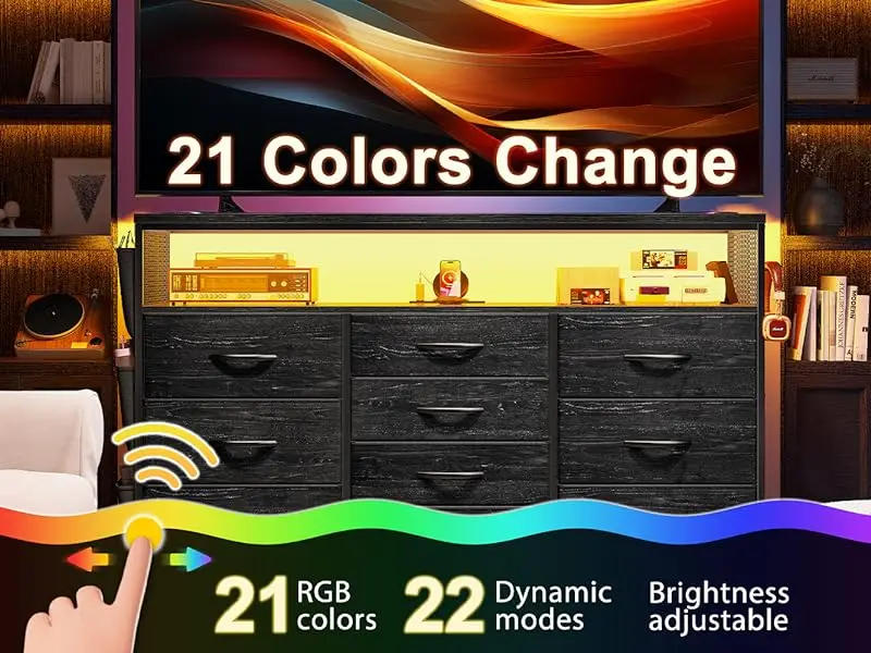 Description Picture 3 of itemDresser TV Stand with 10 Drawers for 55" TV Stand for Bedroom with LED Lights & Power Outlets Wide Dresser for Bedroom with Shel