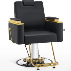 Luxurious Barber Chair with Heavy-Duty Hydraulic Pump, Adjustable Reclining Salon Chair for Hair Stylist, Gold&Black Styling