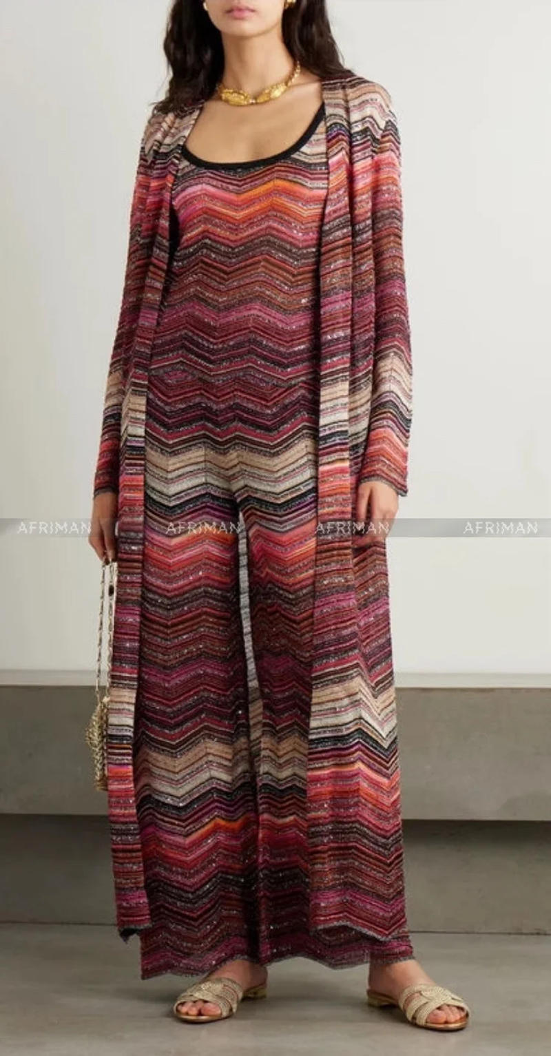 Description Picture 2 of itemWomen Chevron Striped Sequined Long Knit Cardigans Coat