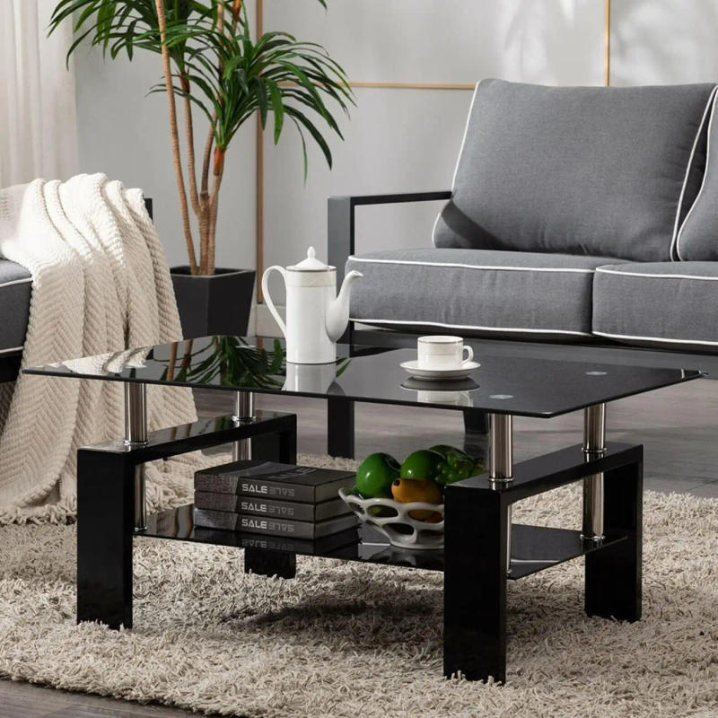Description Picture 2 of itemRectangle Glass Coffee Table, Modern Living Room Black Glass Coffee Table with Lower Storage Shelf Wooden Legs End Table 2