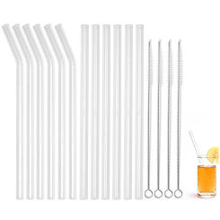 12 pcs 6 Bent 6 Straight Reusable Glass Straws with 4 Cleaning Brush 8" Long Smooth Glass Drinking Straws for Party Home