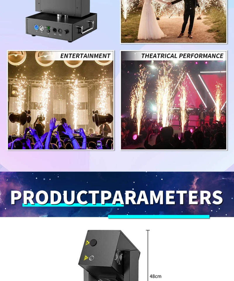 Description Picture 4 of item750W Moving Head Spark Machine Sparkler Fireworks Machine Stage Special Effect DMX512 Control for Event Weeding Chrimas Party
