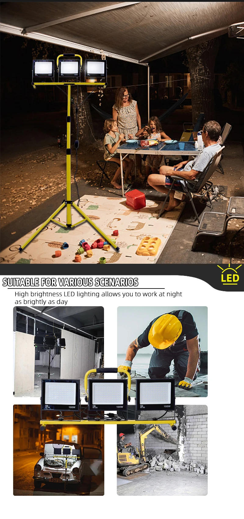 Description Picture 4 of item30000 Lumen LED Work Light with Stand - 3 Head Portable flood light for Job Site Workshop Garage Construction Site Lighting