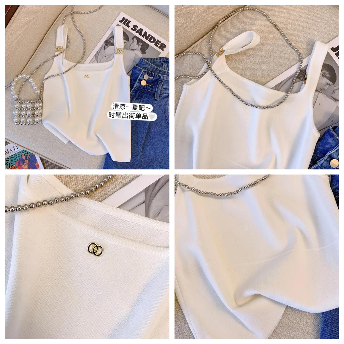 Description Picture 5 of itemSmall Diamonds Short Tank Top Slim Fit Black Sleeveless Top Sweet and Hot Style, Hanging Strap for Women's Outwear Vest Tees