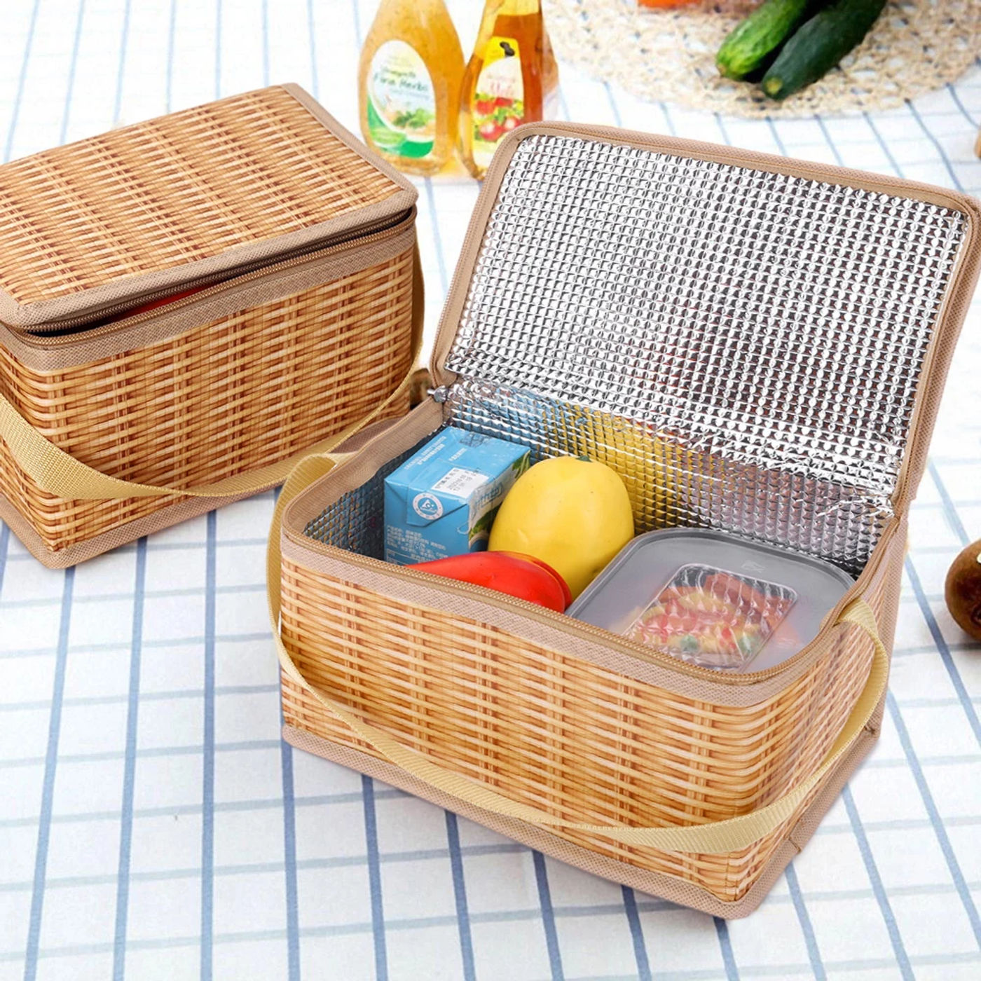 Description Picture 5 of itemPortable Wicker Rattan Outdoor Camp Picnic Bag Waterproof Tableware Food Container Baskets Insulated Thermal Cooler