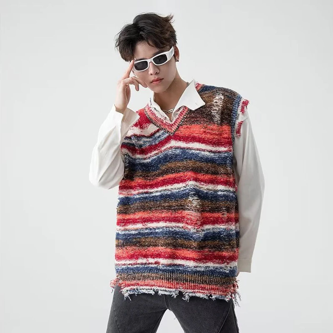 Description Picture 6 of itemVintage Gradient Stripe Baggy Knitted Sweater Y2k Vest Washed Ripped Knitwears Tank Top Tie Dyeing V-Neck Sleeveless Pullovers