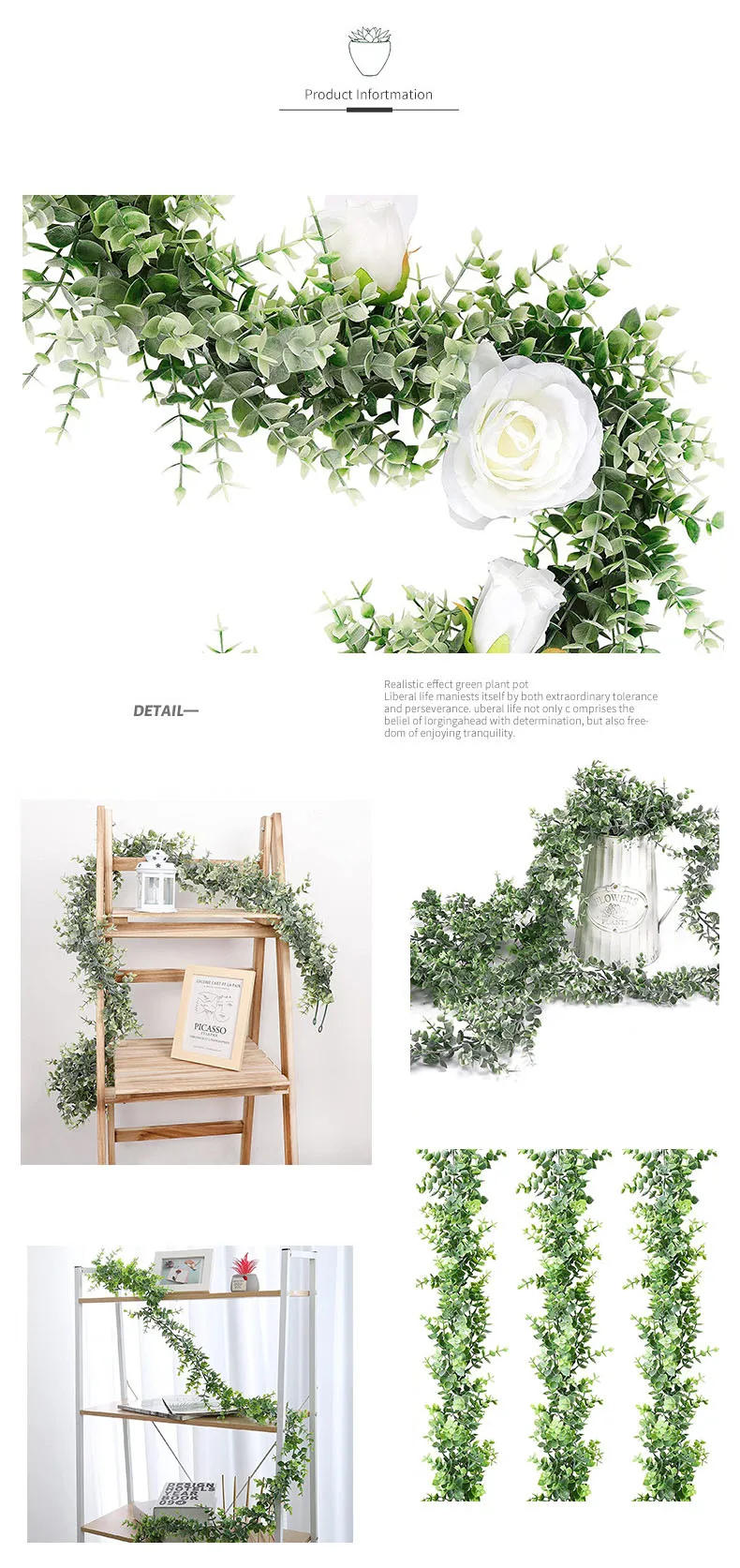 Description Picture 5 of item180cm Artificial Eucalyptus Garland Rattan for Wreaths DIY Wedding Decorations Arch Wall Backdrop Green Hanging Vine Fake Plants