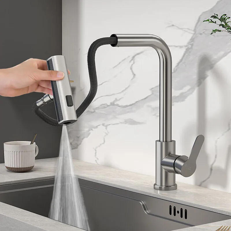 Description Picture 3 of item4 Mode Gray Kitchen Faucets Pull Out Rotation Waterfall Black Stream Sprayer Head Sink Mixer Brushed Nickle Water Tap Accessorie