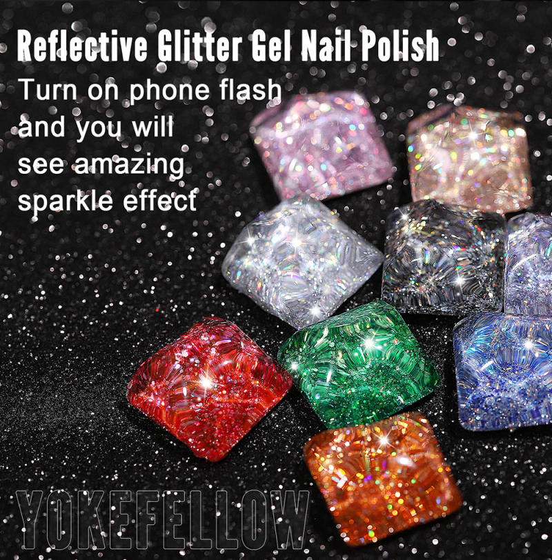 Description Picture 6 of item2024 YOKEFELLOW 10ML Reflective Glitter Gel Nail Polish Set Soak Off UV Nail Supplies Semi Permanent DIY Nail Art Decoration
