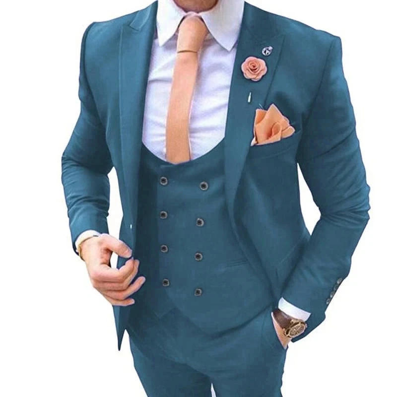 Description Picture 4 of item2024 Fashion New Men Double Slit Boutique Business Slim Wedding Stretch Fabric Suit Blazers Jacket Pants Trousers Vest 3 Pcs Set