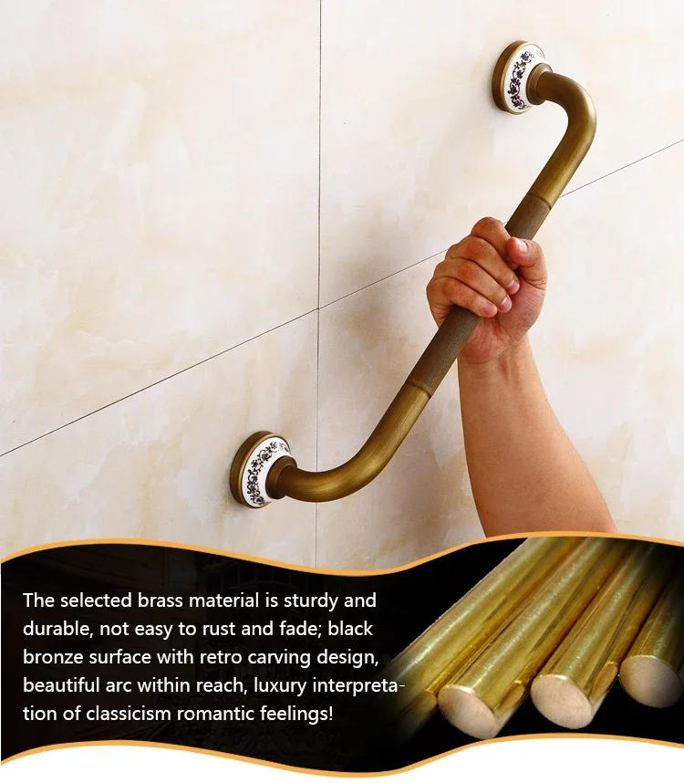 Description Picture 2 of itemAntique Grab Bars Bathroom Wall-mount Safety Assist Handle Towel Rack Bathtub Handrail Brass Anti-slip Elderly Armrest Hardware