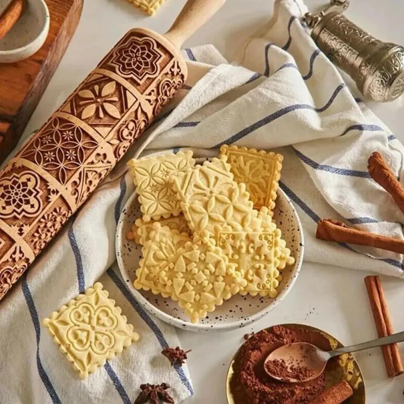 Description Picture 6 of itemExquisite Pattern Rolling Pin Wooden Embossing Baking Tools Reindeer Dough Engraved Square Grid Cookies Mold