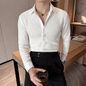 Men's Social Shirt Korean Luxury Clothing Solid Waffle Long Sleeve Shirts For Men Slim Fit Casual Prom Tuxedo Black/White 4XL-M