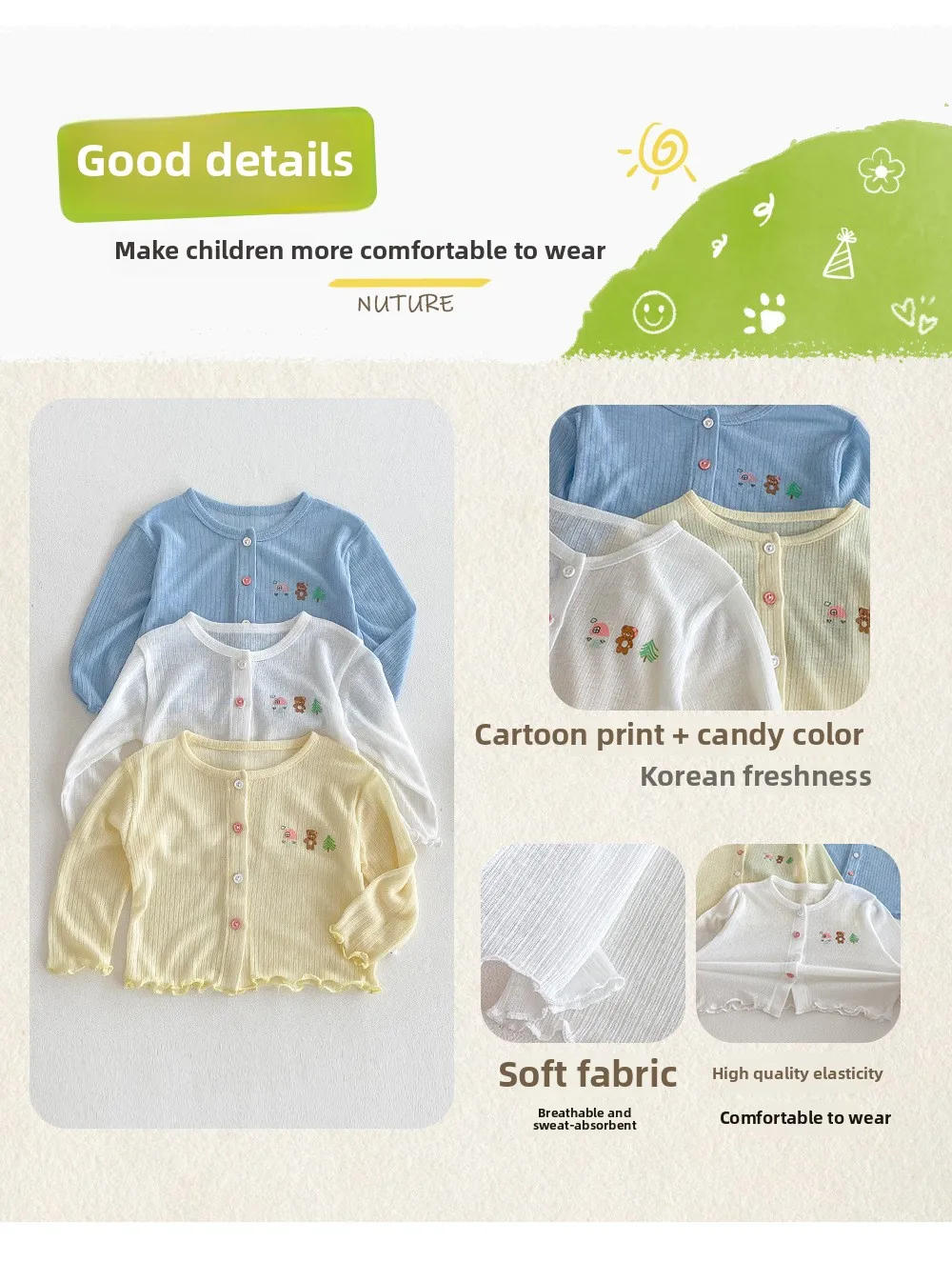 Description Picture 2 of itemChildren's Cartoon Air Conditioning Shirt 2025 New Summer Girls Korean Version Thin Coat Baby Solid Color Cartoon Summer Outfit