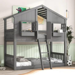 Designs House Bunk Bed Twin Over Twin Kids Bunk Bed Wood Frame with Roof, Window, Window Box, Door, Safety Guardrails and Ladder