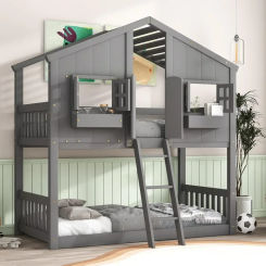 Designs House Bunk Bed Twin Over Twin Kids Bunk Bed Wood Frame with Roof, Window, Window Box, Door, Safety Guardrails and Ladder