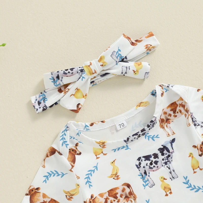Description Picture 5 of itemBaby Girls 3Pcs Summer Outfit Short Sleeve Cow Print Romper Shorts Headband Set Farm Clothes