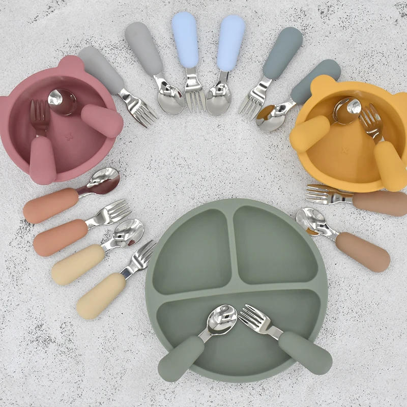 Description Picture 6 of itemBaby Tableware Set Children Utensil Stainless Steel Toddler Dinnerware Cutlery Solid Color Infant Food Feeding Spoon Fork