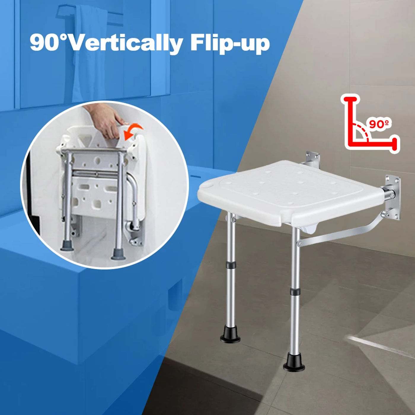 Description Picture 6 of item42~53mm Height Adjustable Folding Shower Bench Wall Mounted Bath Seat Screw-in Bathroom Chair Stool with Non-slip Feet