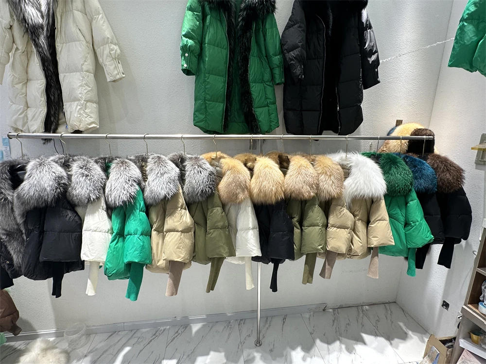 Description Picture 2 of itemOFTBUY 2023 Duck Down Jacket Winter Women Coat  Super Large Real Silver Fox Fur Collar with Knit Sleeve Fashion Luxury Outerwear