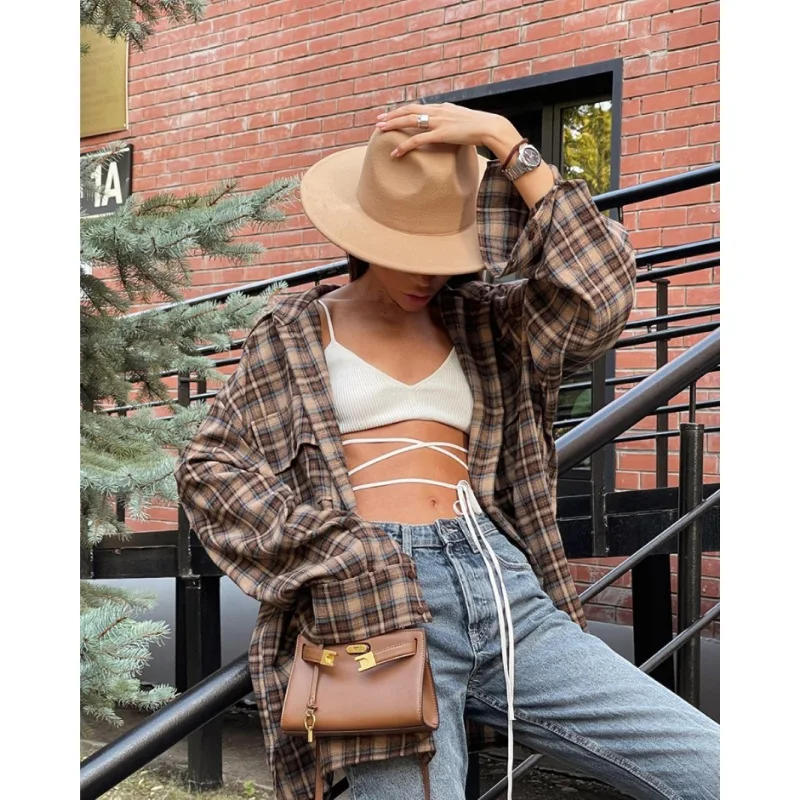 Description Picture 6 of item2024 Spring and Autumn American Retro Checkered Shirt Women's Long Style Design with Bottom Checkered Shirt Loose