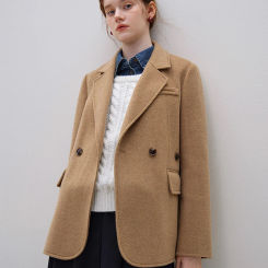 FSLE 100% Wool Women Blazer Jackets Front Shoulder Office Lady Winter Temperament Straight Double Breasted Loose Woolen Coats