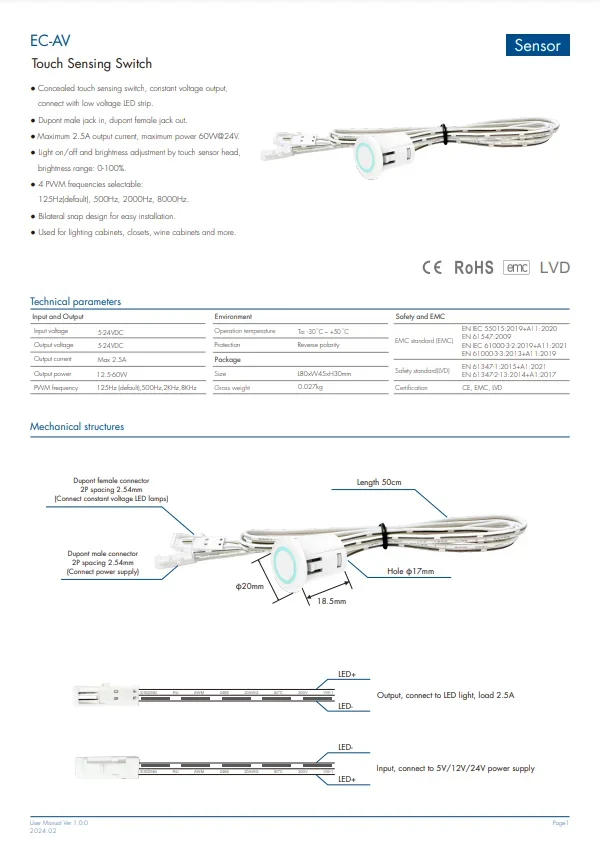Description Picture 6 of item5V-24V Conceal Touch Sensing Switch Sensor LED Dimmer EC-AV 2.5A for Single color Cabinets Wardrobe Single Color Led Strip Light