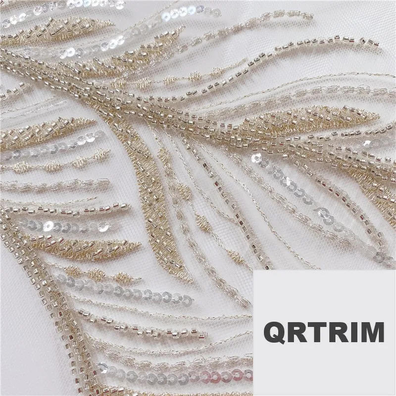 Description Picture 6 of itemMesh Lace Trims Sew On Patches, Gold Thread, Silver Beads, Feather Leaves, Embroidery, Wedding Appliques, DIY Decoration 45x49cm
