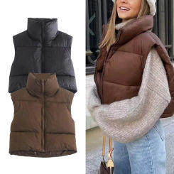 TRAF Elegant Padded Jacket 2025 Women's Spring Winter Cropped Vests Fashion Casual Black Brown Sleeveless Waistcoat Outerwears