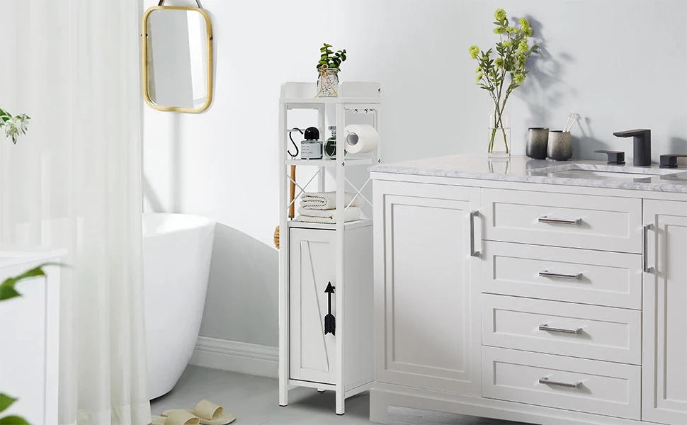 Description Picture 2 of itemSlim Toilet Paper Holder, Small Cabinet with Door & 2 Shelves Fenced Top, Bathroom Narrow Storage Organizer for Restroom