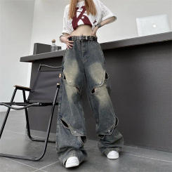 Hip Hop American Men and Women Trendy Summer Personalized Hollow Straight Leg Wide Leg Jeans Street Retro Loose Casual Pants
