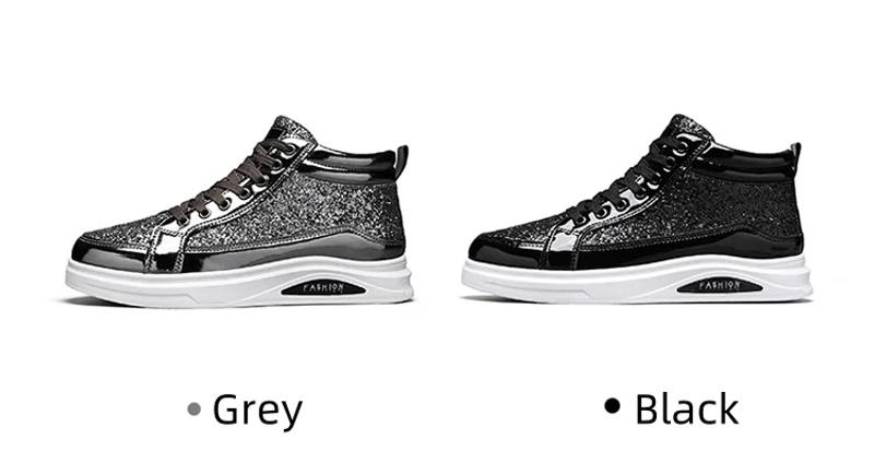 Description Picture 6 of item2025 Fashion Gray Men's High Top Shoes Glitter Leather Man Casual Sneakers Streetwear Hip-hop Skateboard Shoes Men Plus Size 46