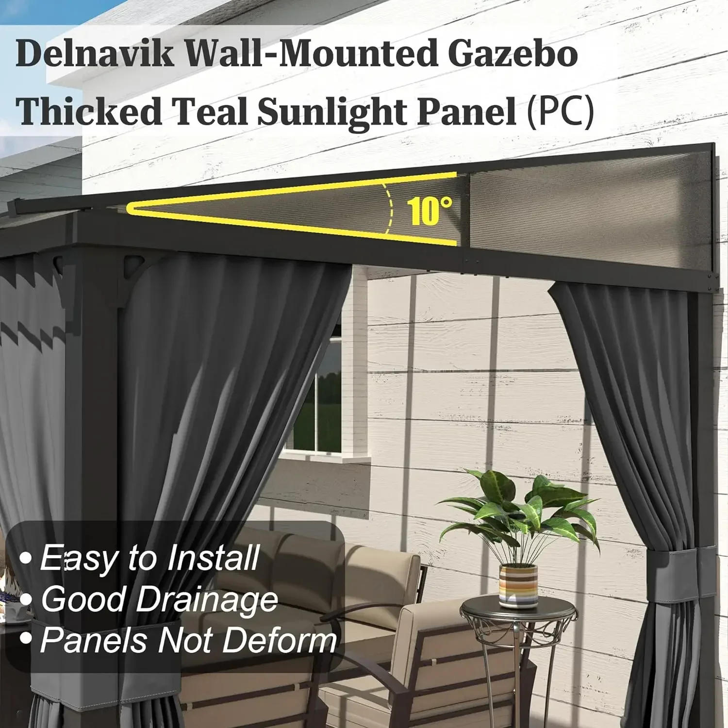 Description Picture 5 of item10 x 14 FT Outdoor Gazebo, Hardtop Wall Mounted Gazebos with Sloping Sun Panel Roof, Double Curtains, Gazebo