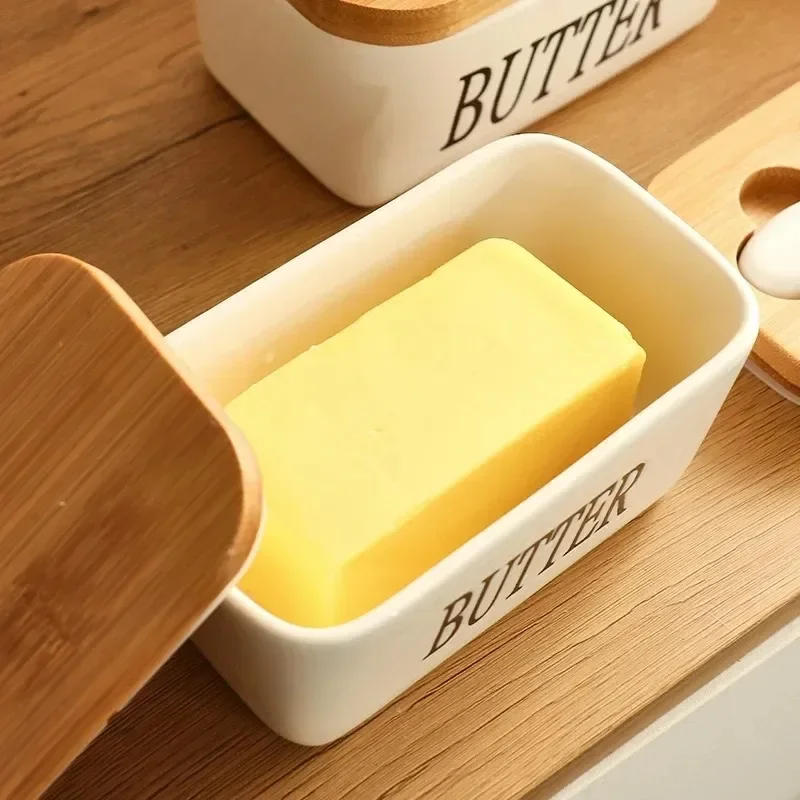 Description Picture 5 of itemCeramic Butter Container Box Restaurant Sealed Storage Box Cheese Box with Knife Bamboo Lid Butter Slicer Butter Dish Tableware