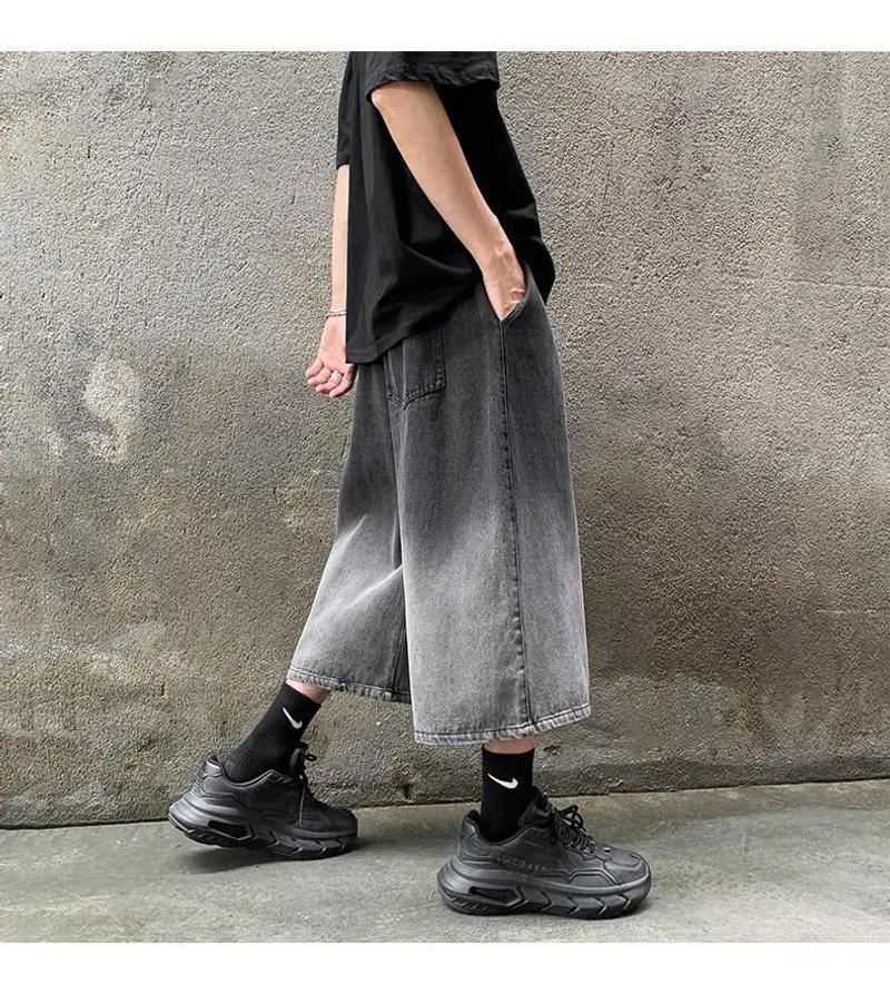 Description Picture 3 of itemSummer New Gradient Denim Shorts For Men's Outdoor Street Thin Wide Leg Loose Cropped Pants 2024 Waist Drawstring Casual Pants