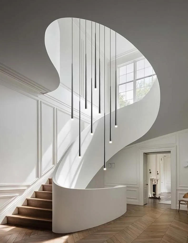 Description Picture 2 of itemModern Black LED Staircase Chandeliers Round Tube Long Line Hanging Lamps for Stair Island Nordic Attic Indoor Lighting Fixtures