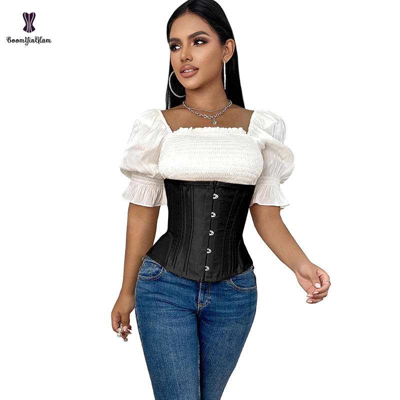 Description Picture 4 of itemFront 5 Busk Closure Firm Tummy Control Chest Binder Cupless Bustier With Rope 24 Steel Bone Corset For Women XXS-XXXL