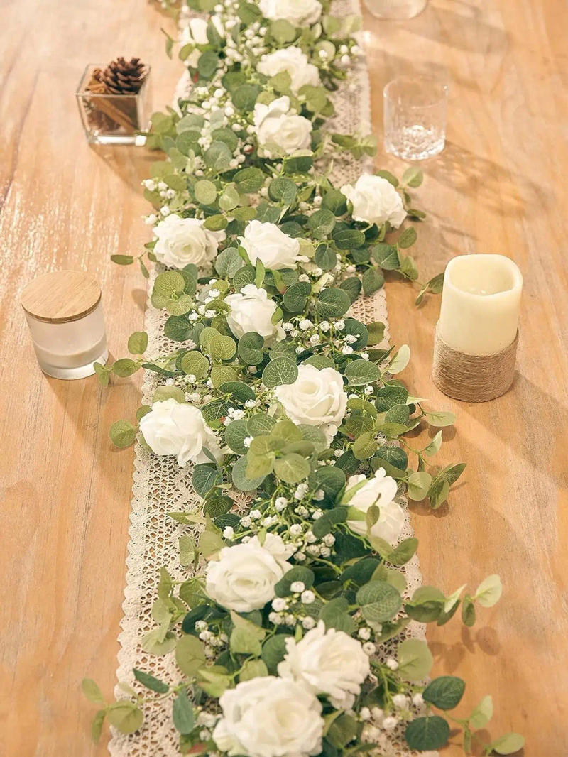 Description Picture 2 of item1pc 5.9FT Artificial Eucalyptus Vine Fake Rose Flowers Gypsophila Garland For Wedding Home Party Craft Art Table Runner Decor