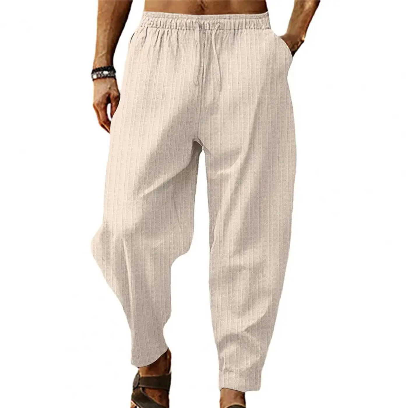Description Picture 2 of itemElasticated Waistband Pants Men's Wide Leg Striped Sweatpants with Elastic Waist Deep Crotch for Sports Leisure Soft Breathable