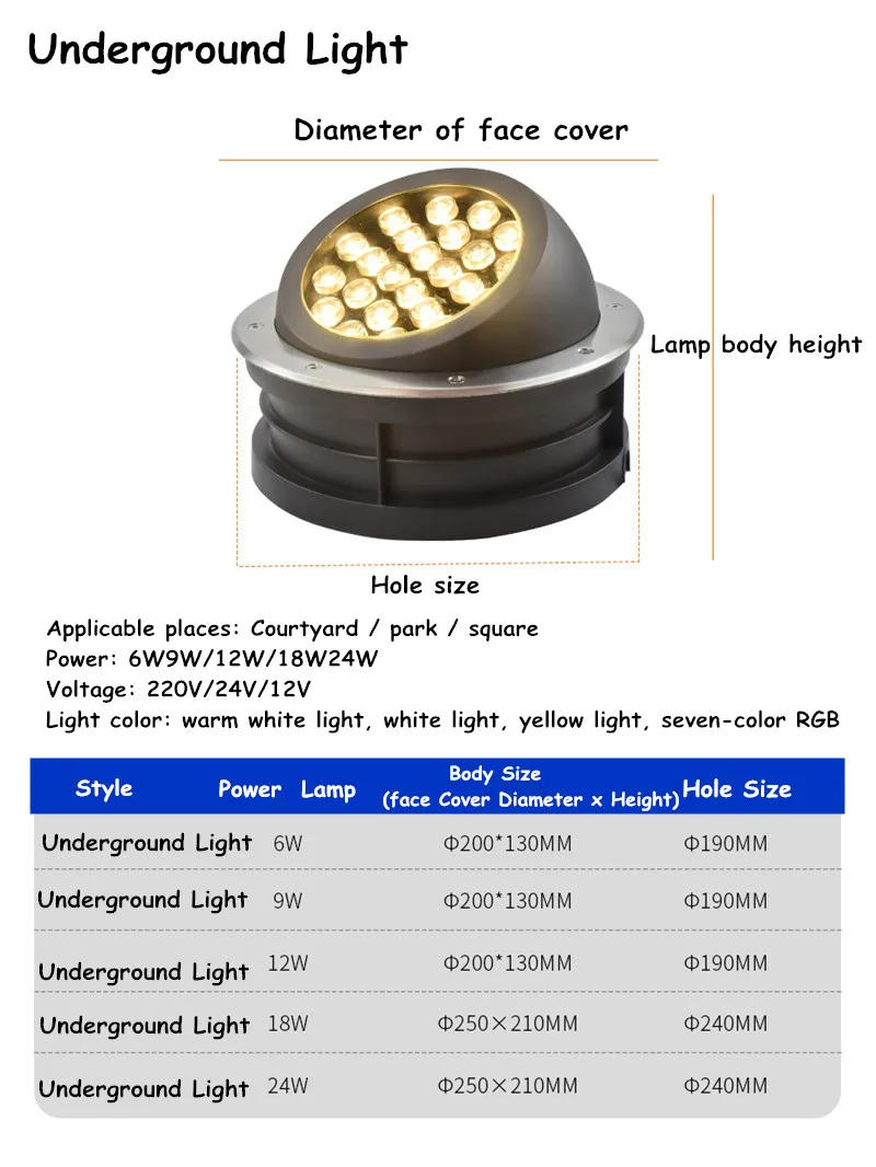 Description Picture 4 of itemUnderground Light Buried Lights Led Outdoor Waterproof Footlights Patio Wall Spotlights Steps Garden Lawn Ground Lights 6w 9w