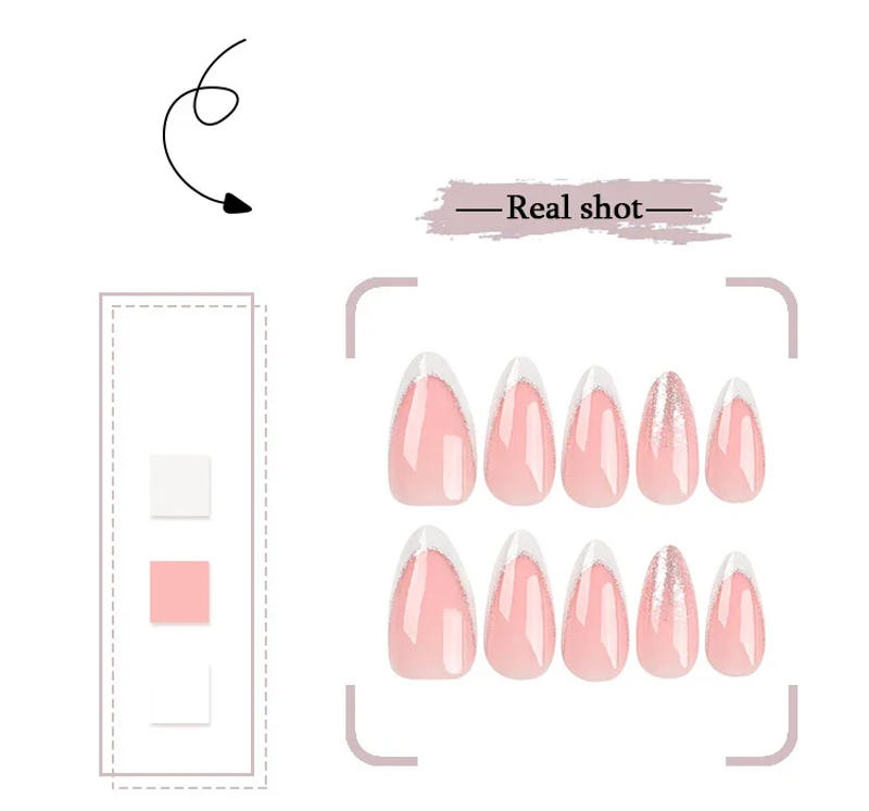 Description Picture 5 of itemElegant French Noble Gold Glitter Powder White Simple Almond Fake Nails Art False Nails Charm Tips Press on Nails Manicure Tools