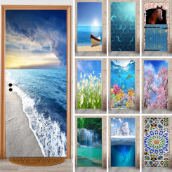 Blue Beach Seascape Door Sticker Peel and Stick Removable Self-Adhesive Beach Door Waterproof Door 3D Wallpaper for Home Decor