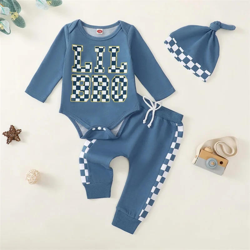 Description Picture 3 of item3-Piece Baby Boys Set Letter Print Plaid Long Sleeve Round Neck Romper Long Trousers Hat Outfits