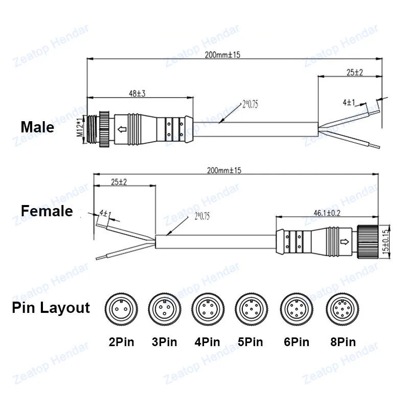 Description Picture 6 of item2Pcs Metal Screw M12 Waterproof 2 3 4 5 6 8 Pin IP68 Power Cable Wire Plug for LED Strips Male Female Connector 20CM