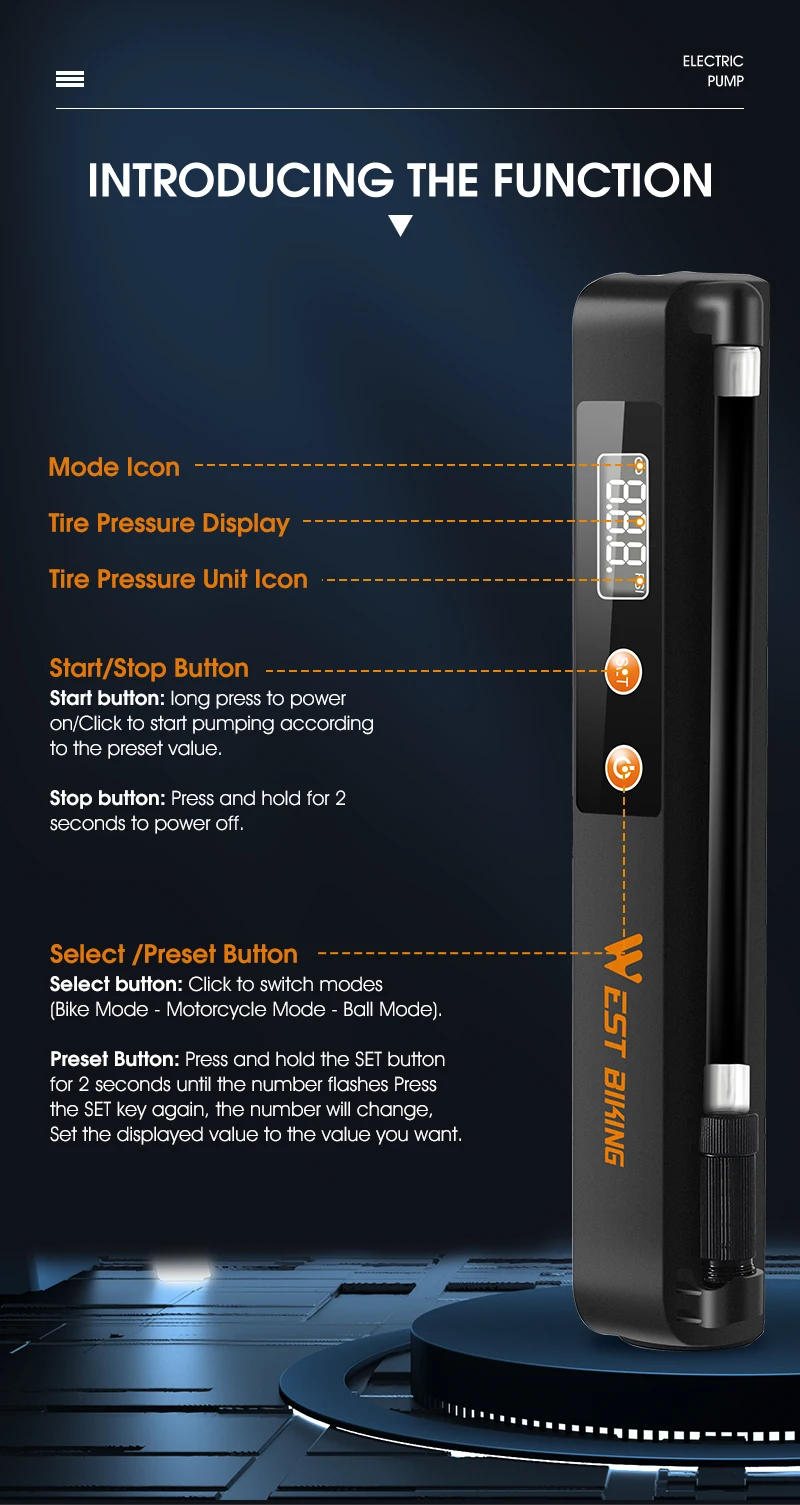 Description Picture 5 of itemWEST BIKING Smart Auto Pump Air Compressor Portable Wireless 130PSI Tire Inflator Motorcycle Ball Bicycle Fast Electric Pump