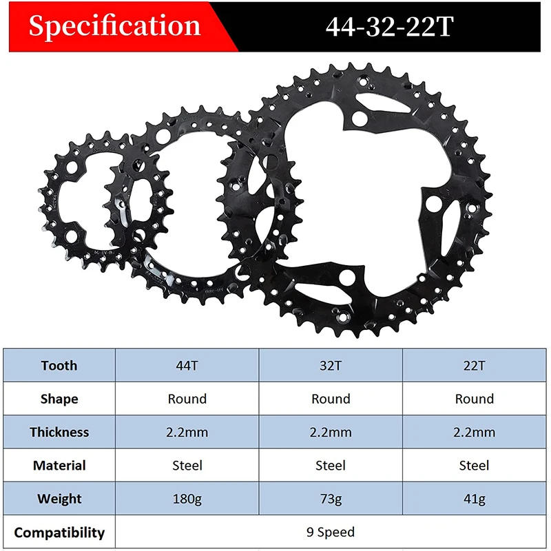 Description Picture 3 of itemBUCKLOS Bicycle 104BCD Chainring 3x9S 22T/32T/44T Mountain Bike Chain Ring Durable 104/64BCD Triple Chainring Set Cycling Parts