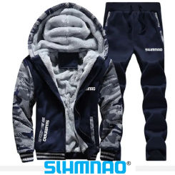 Autumn and winter fishing suit set with wool lining, men's running sweatshirt, sports cardigan hood, warm riding jacket